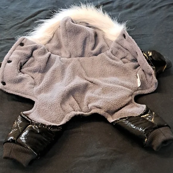 Shiny Black Puffer Dog Coat with Fur Trim - Picture 2 of 3